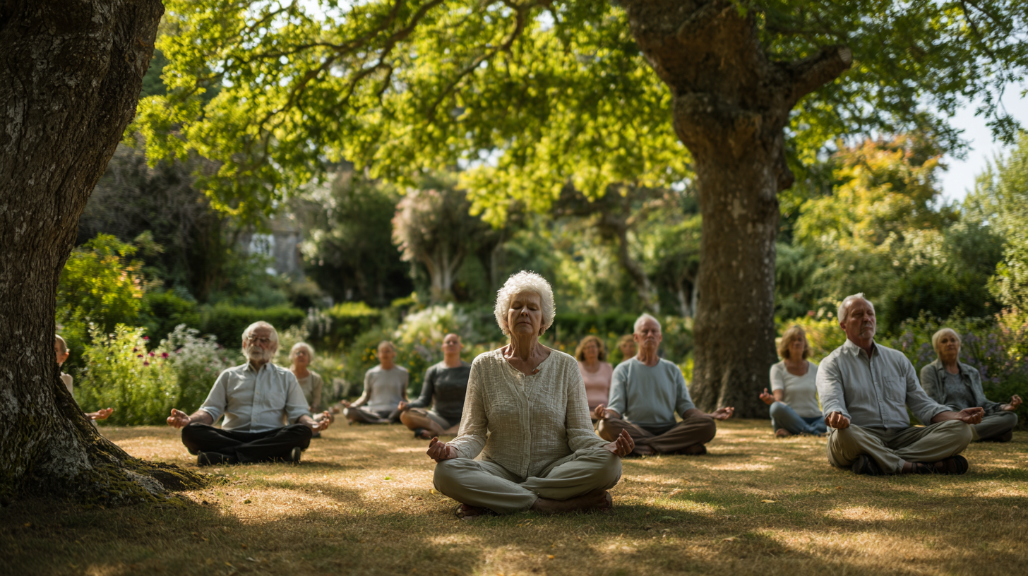 Група старших людей виконує йогу на природі