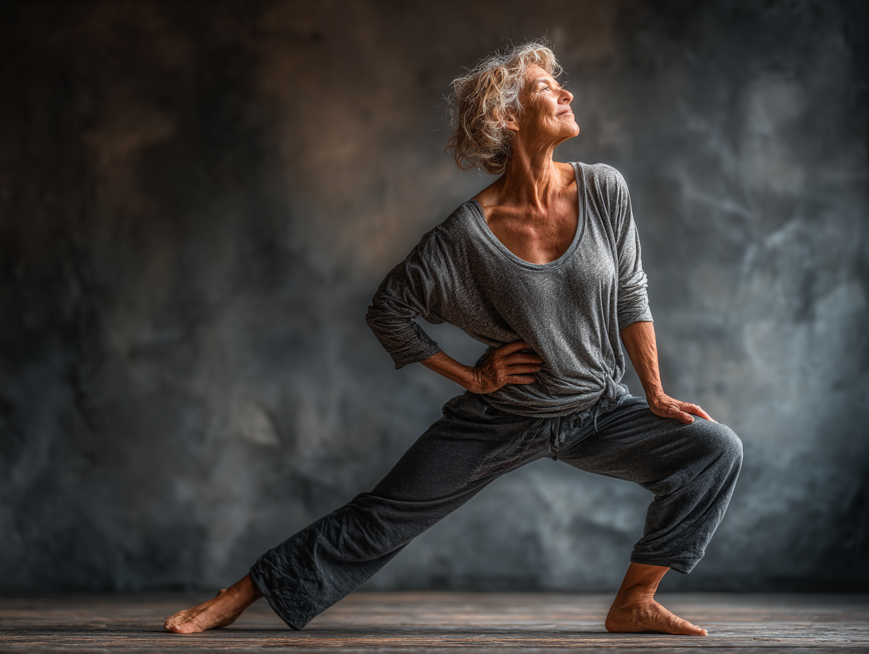 Інструктор допомагає старшій жінці виконувати асану йоги